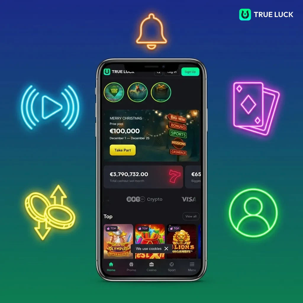 TrueLuck mobiele app interface met Nederlandse betaalmethoden, casinospellen en sportweddenschappen voor Nederlands publiek