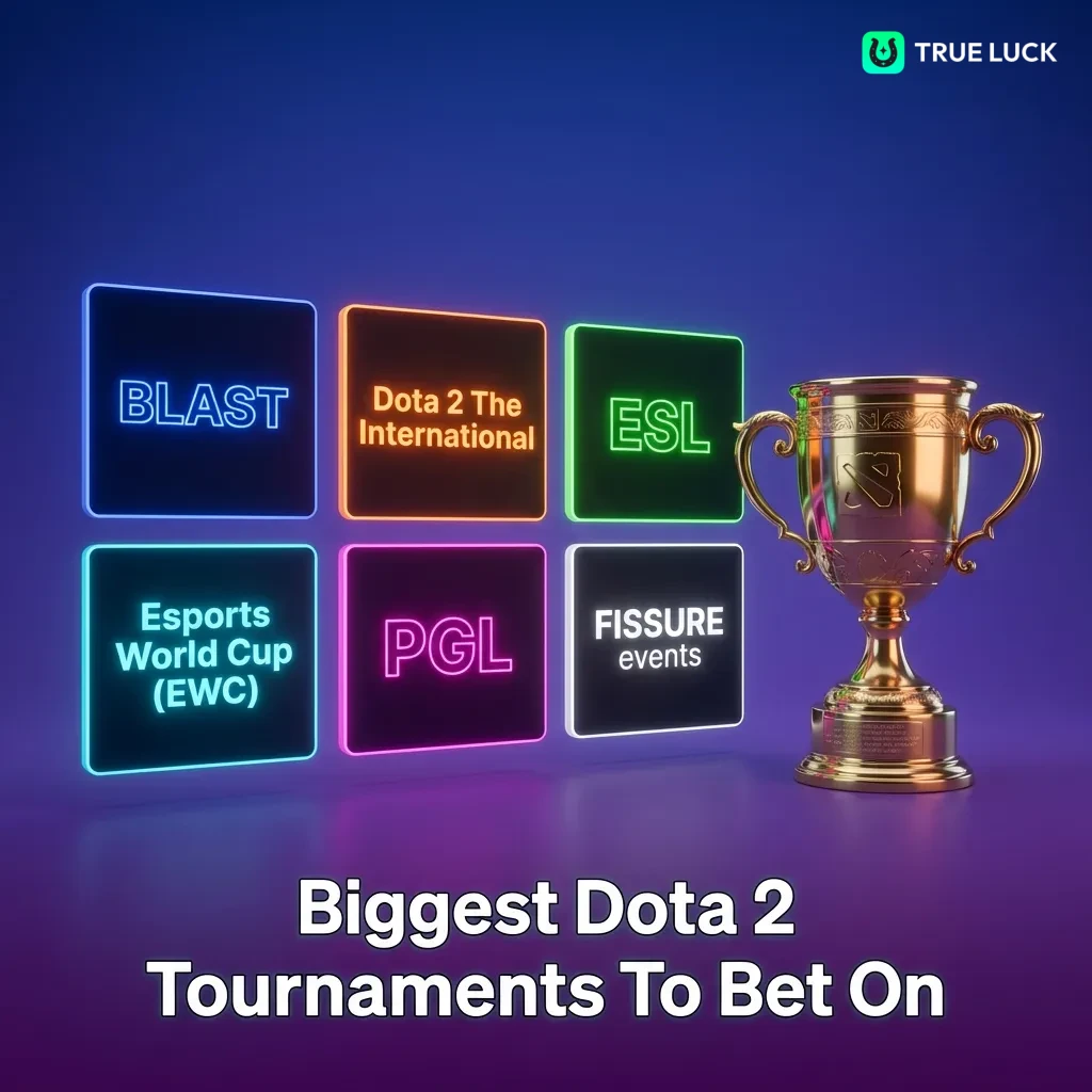 Major Dota 2 tournament logos including The International, ESL One, and PGL events displayed together