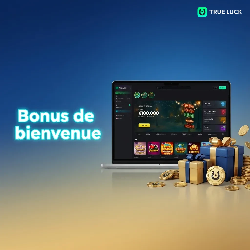 TrueLuck welcome bonus pack showing three options: slots 250% up to €4,000, live casino €2,000, sports betting €300.