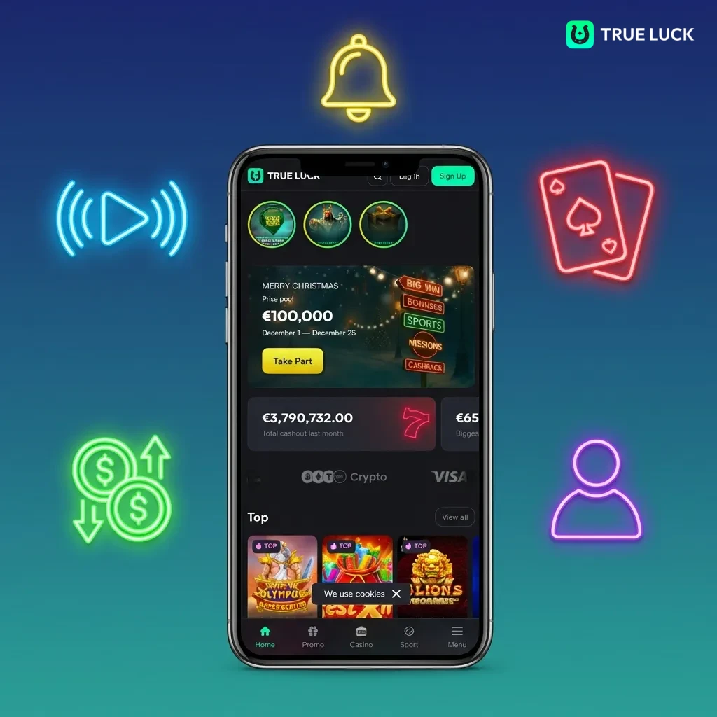 TrueLuck app móvil para jugadores españoles con 3000+ juegos, apuestas deportivas, bonos hasta 6300€ y soporte EUR