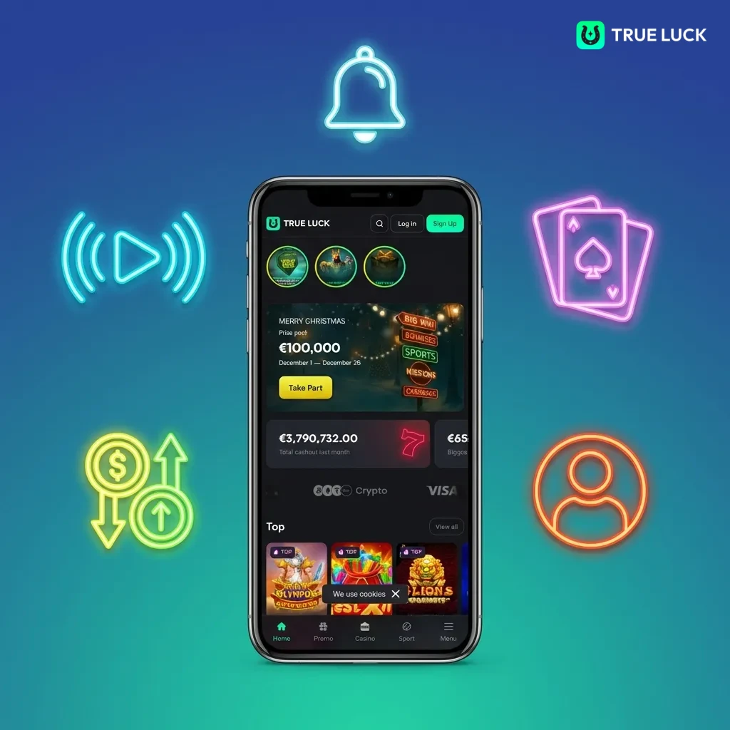 TrueLuck mobile app interface showing casino games, sports betting options, and payment methods for French users