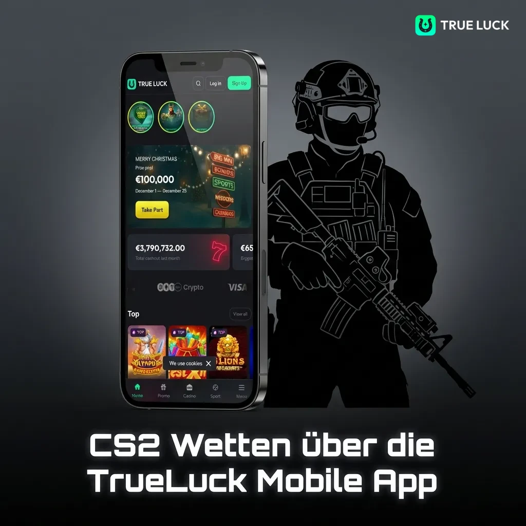 TrueLuck mobile app interface showing CS2 esports betting options with live odds and match selections on smartphone