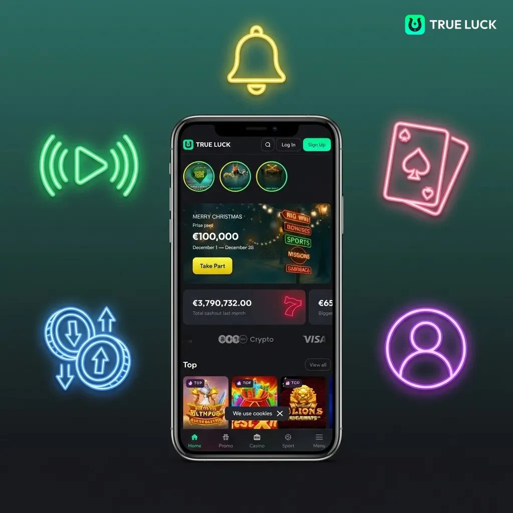 TrueLuck app interface showing live betting, casino games, deposits, withdrawals, and user profile management features