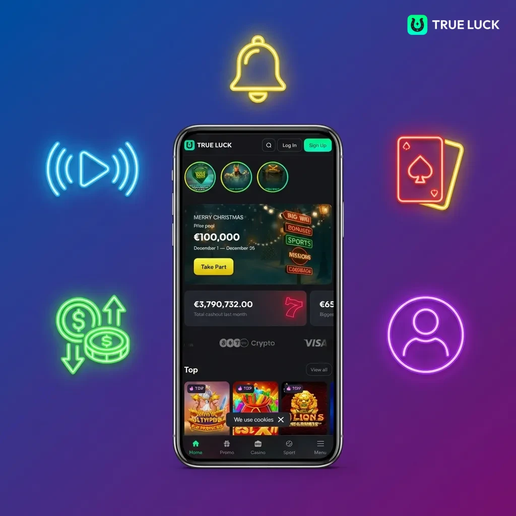 TrueLuck mobile PWA app interface showing casino games, sports betting, and secure payment options on smartphone screen