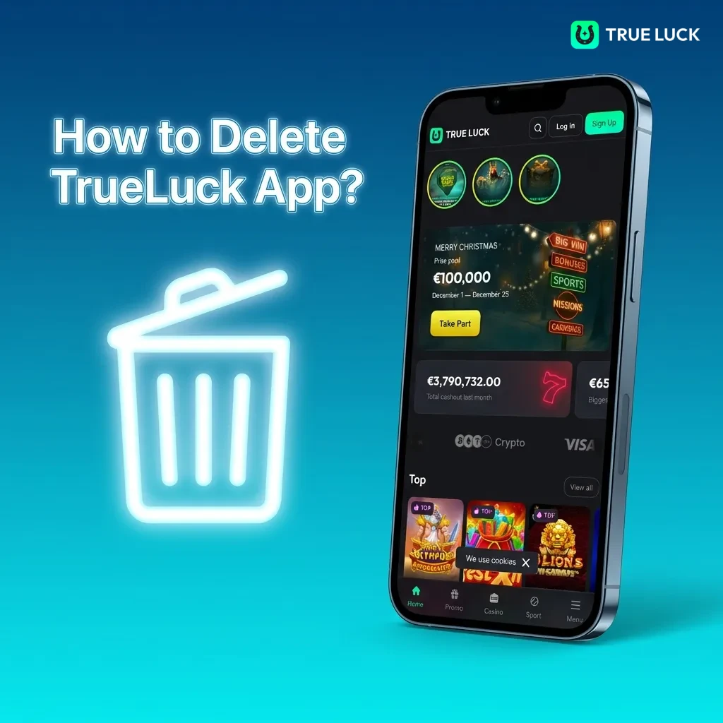 Person deleting TrueLuck app icon on smartphone screen by pressing and holding to uninstall
