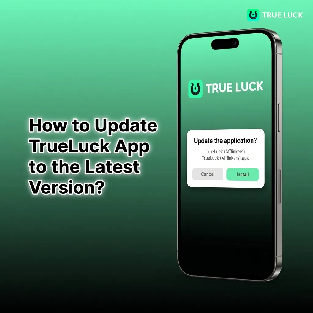 Person updating TrueLuck app on smartphone, showing download and installation process for latest version