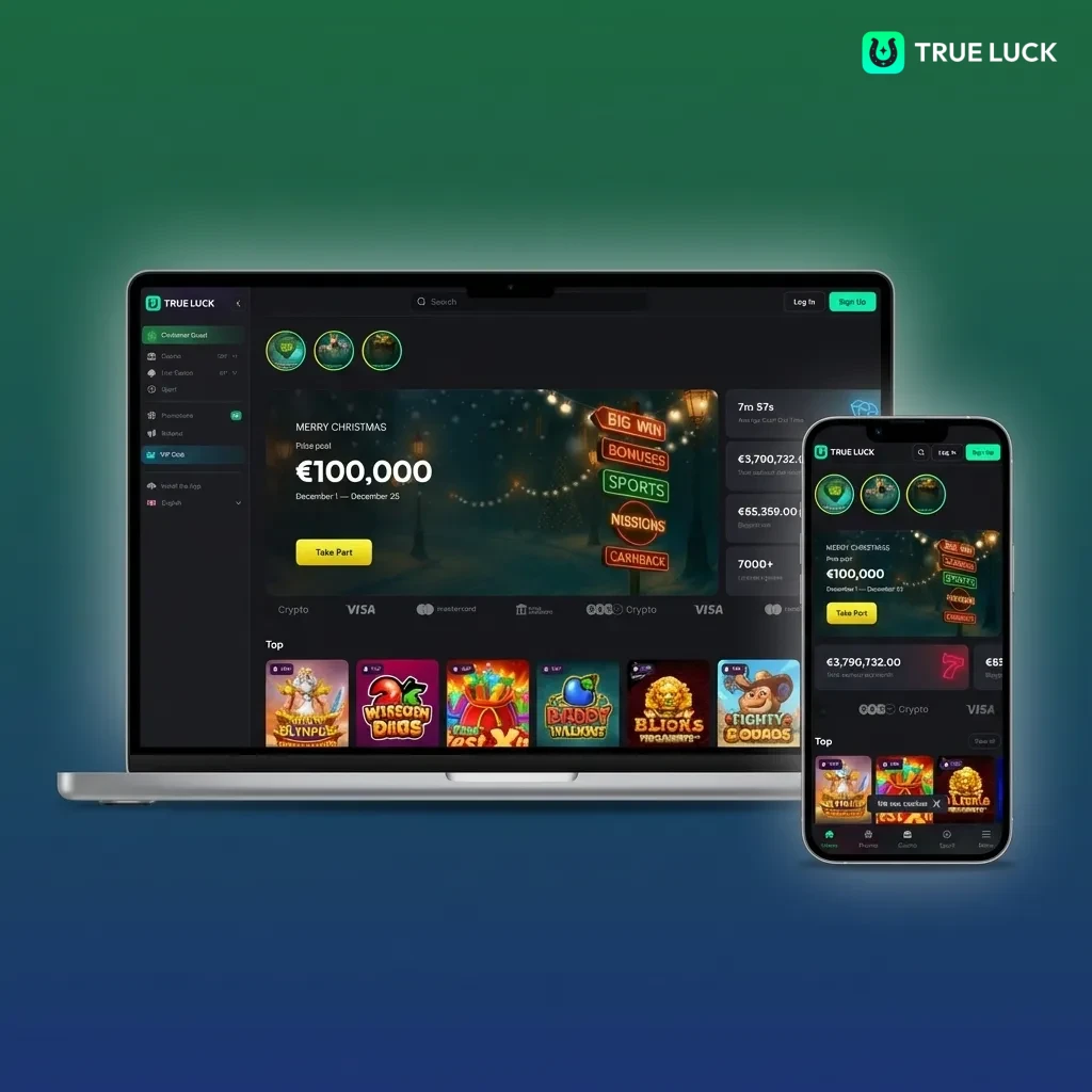 Interfaz web de TrueLuck mostrando barra de navegación con opciones de deportes, casino en vivo, tragamonedas y promociones