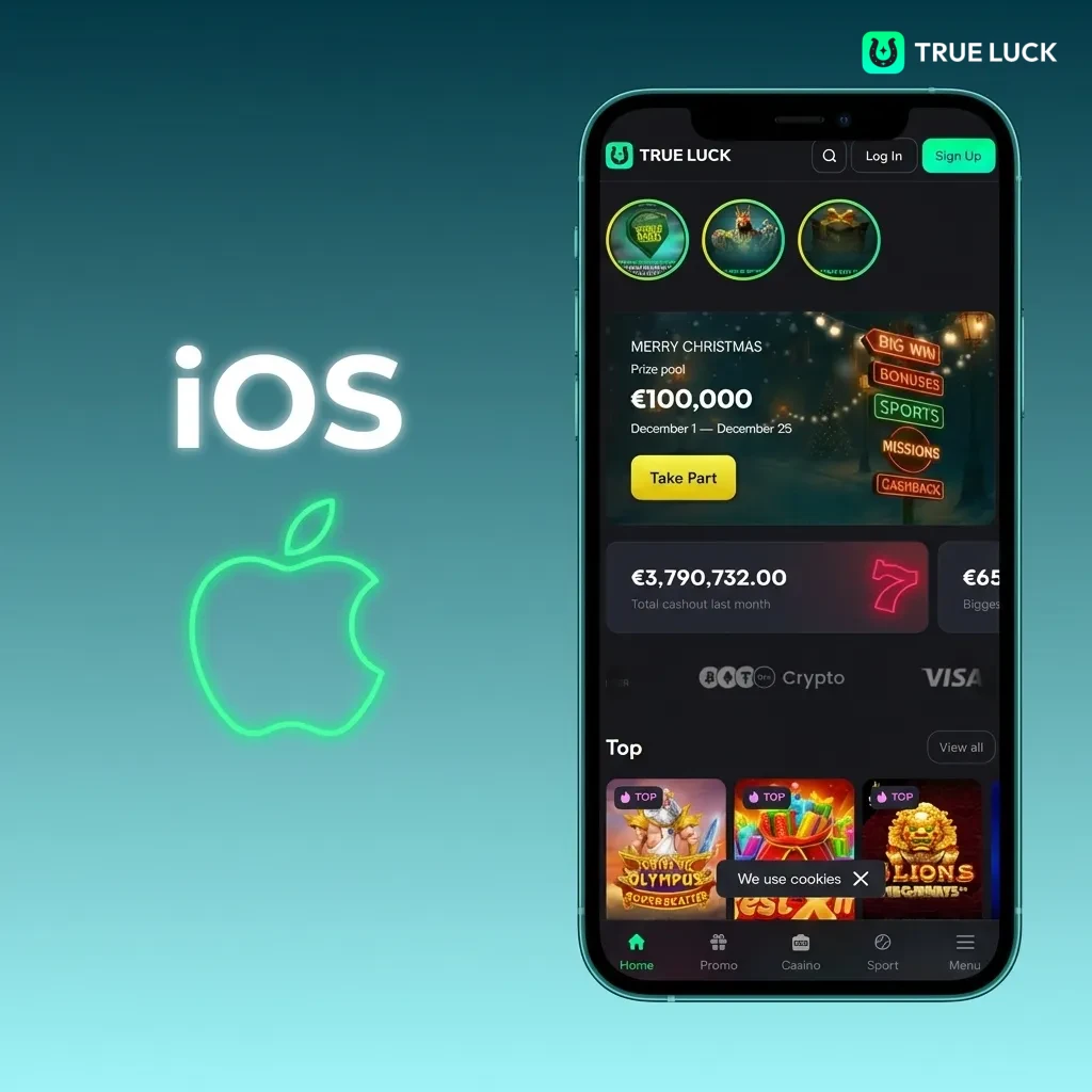 TrueLuck iOS app installation guide showing 5 steps from App Store download to login for iPhone and iPad devices