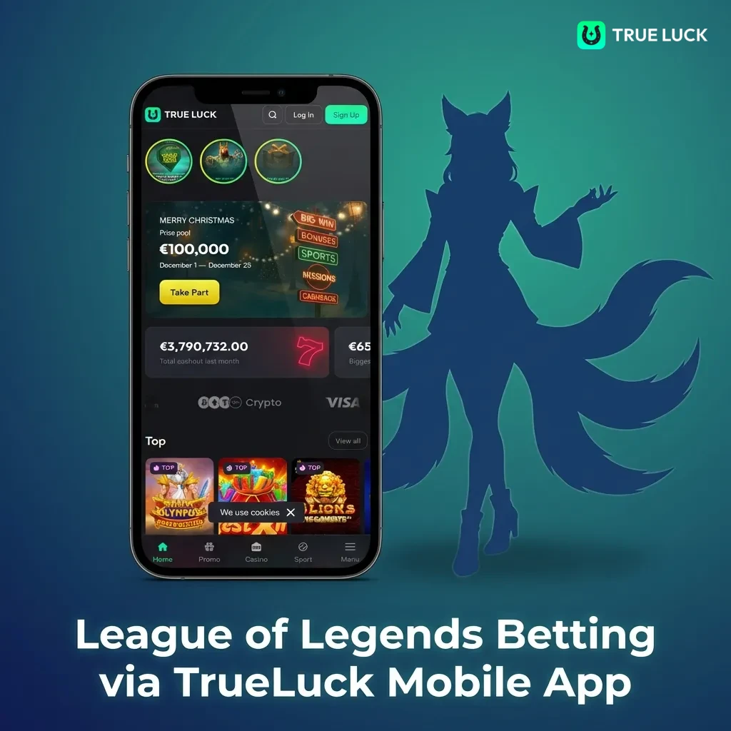 TrueLuck mobile app interface showing League of Legends betting markets with live match odds and bet slip on smartphone screen