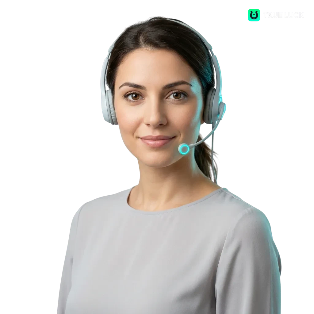 TrueLuck contact page showing multiple communication channels: email, live chat, phone, messaging apps, and social media