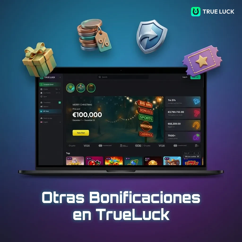 TrueLuck casino promotions including weekly reload bonus, live casino cashback, VIP loyalty program, and slot tournaments