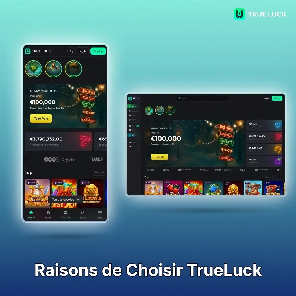 TrueLuck casino platform highlighting welcome bonuses, mobile app, payment options, 24/7 support, and extensive game catalog