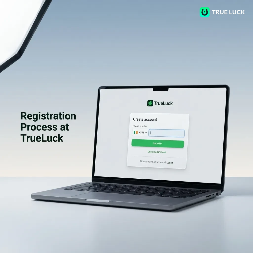 TrueLuck registration form showing sign-up button, email field, password creation, currency selection, and verification steps.