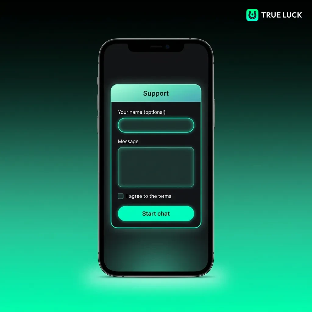 TrueLuck customer support available 24/7 via live chat, email, and FAQ with response times under 2 minutes to 24 hours.