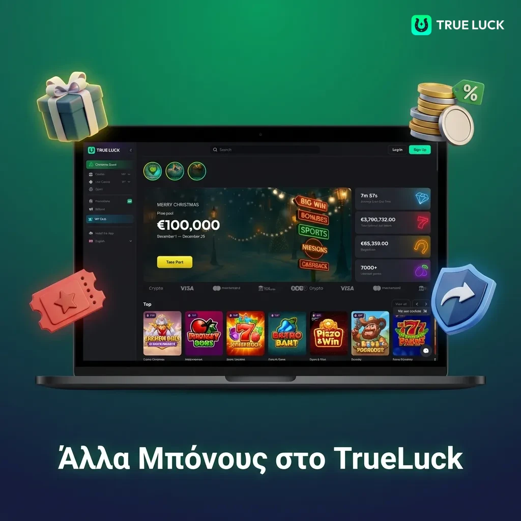 TrueLuck casino bonuses including reload bonus, free spins, cashback, VIP program, and referral rewards for players