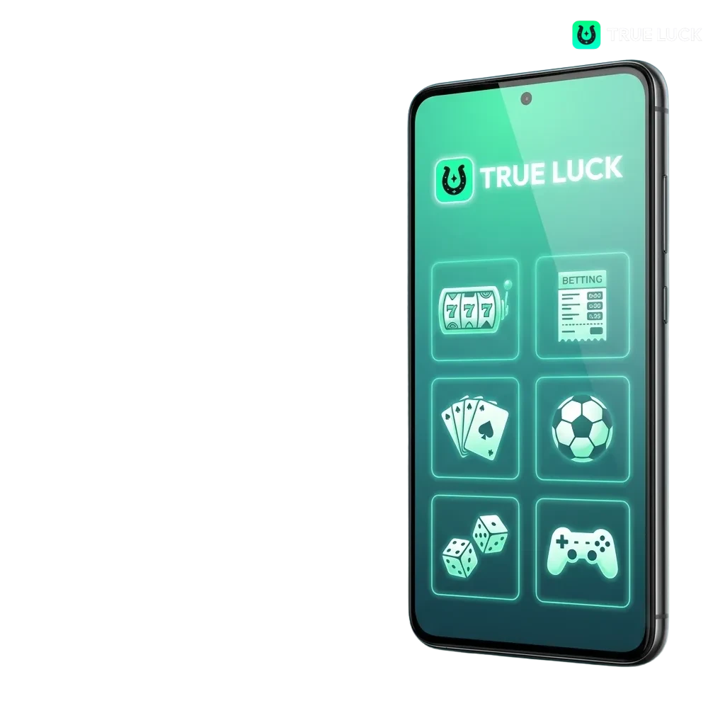 TrueLuck Android app interface showing sports betting and casino games with download and login options