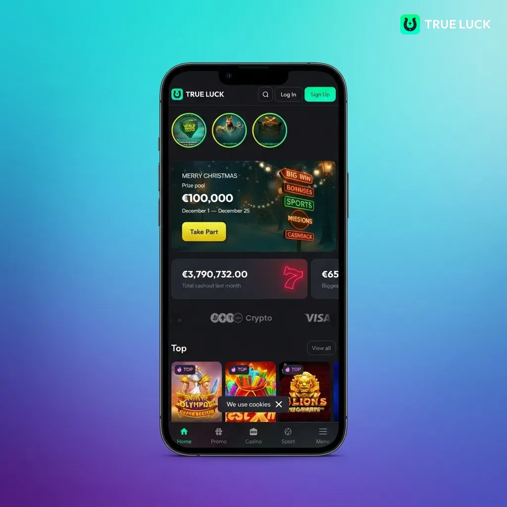 TrueLuck app interface showing main menu with casino, live casino, and sports betting navigation options