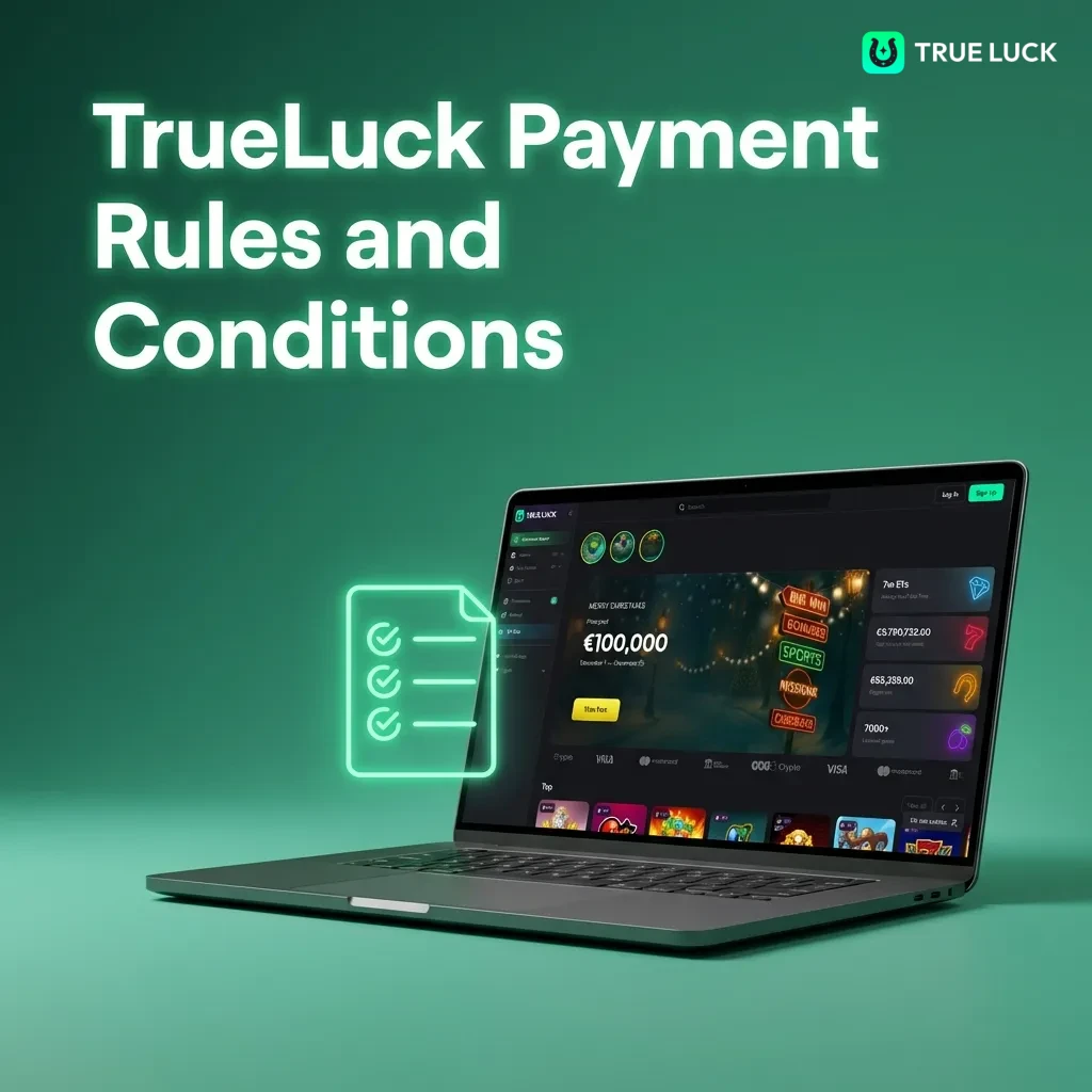 TrueLuck payment rules page showing verification, withdrawal methods, wagering conditions, and transaction limits for Irish players