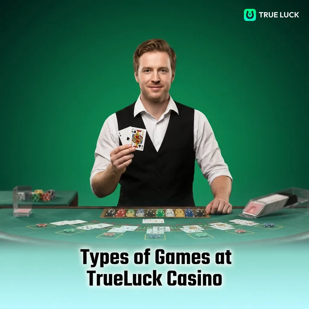 TrueLuck Casino game selection showing slots, table games, crash games, jackpots, video poker, and instant win options