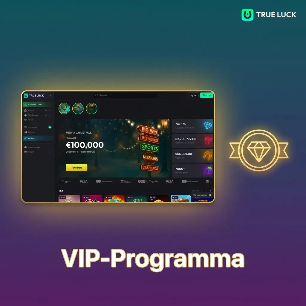 TrueLuck VIP loyalty program showing exclusive rewards, faster withdrawals, and personal account manager benefits