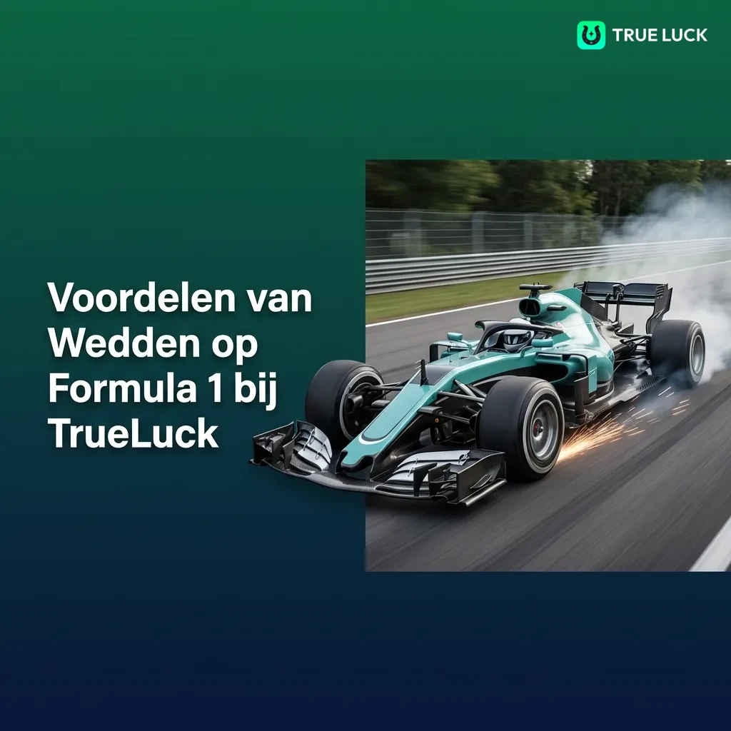 Formula 1 racing car on track with TrueLuck betting interface showing live odds and mobile app notifications