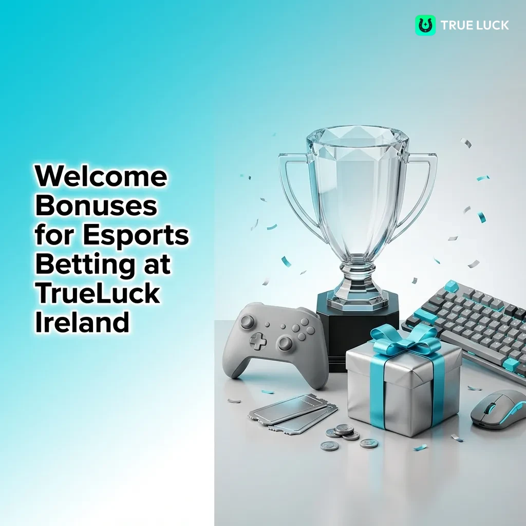 TrueLuck Ireland welcome bonus page showing esports betting offers and step-by-step instructions for new players to claim rewards