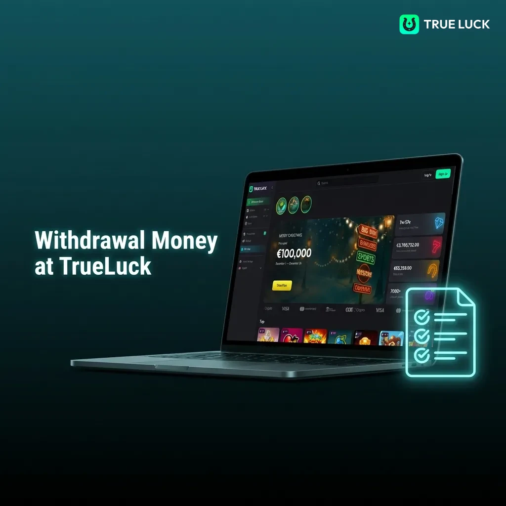 TrueLuck withdrawal process showing account login, payment method selection, and fund transfer steps