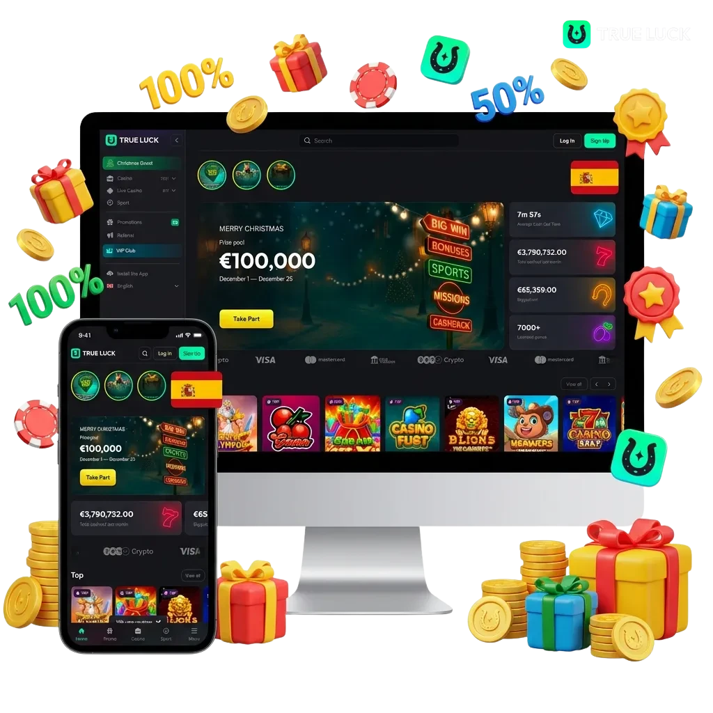 TrueLuck Spain online casino and sports betting platform offering welcome bonuses, live games, and mobile app access.